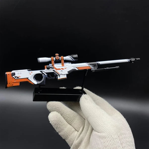 AWP Asiimov replica on its display stand, held in a gloved hand