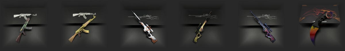 Skin2life collection banner: AK-47, AWP and Karambit miniature replicas with display boxes